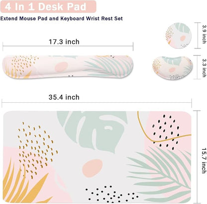 Keyboard Mouse Pad Set, Extended Mouse Pad+Keyboard Wrist Rest Support, Memory Foam Ergonomic Easy Typing, 3Pcs (35.4×15.7 in) Desk Pad Set for Home Office Study Game-Plant