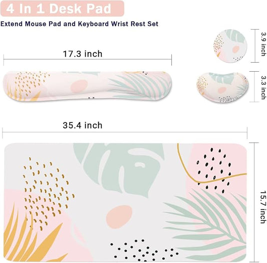 Keyboard Mouse Pad Set, Extended Mouse Pad+Keyboard Wrist Rest Support, Memory Foam Ergonomic Easy Typing, 3Pcs (35.4×15.7 in) Desk Pad Set for Home Office Study Game-Plant
