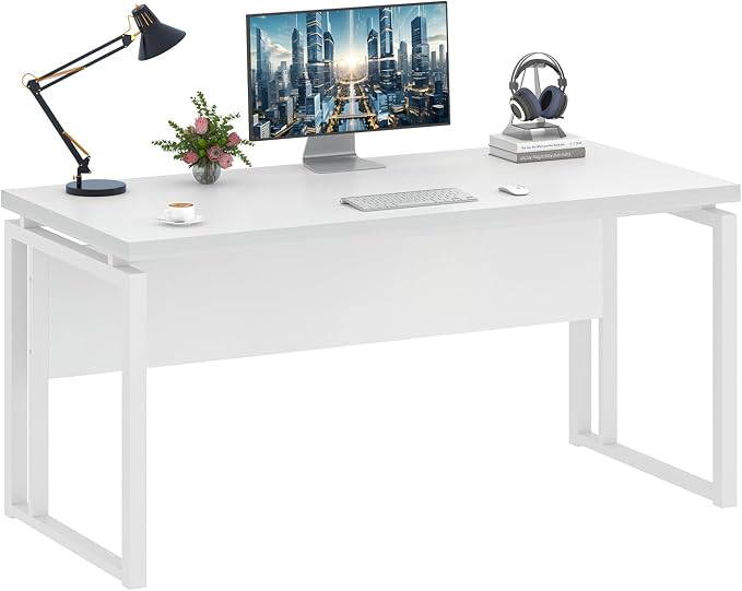 EXCEFUR White Computer Desk, Simple Wood and Metal Home Office Desk, Modern Study Writing Table Workstations for Living Room Bedroom, 53 Inch