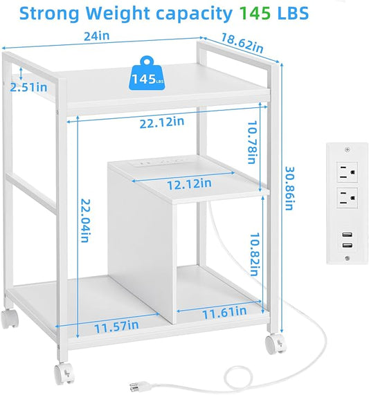 Lerliuo Printer Stand with Charging Station and USB Ports, Large 3-Tier Mobile Printer Table with Storage Shelf, White Rolling Industrial Printer Cart with Lockable Wheels for Home Office