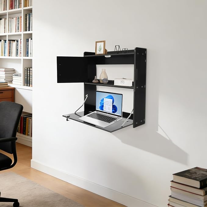 Wall Mounted Desk Cabinet with Storage, Fold Down Computer Desk, Space Saving Floating Workstation for Home Office, Laptop Writing Table (Black)