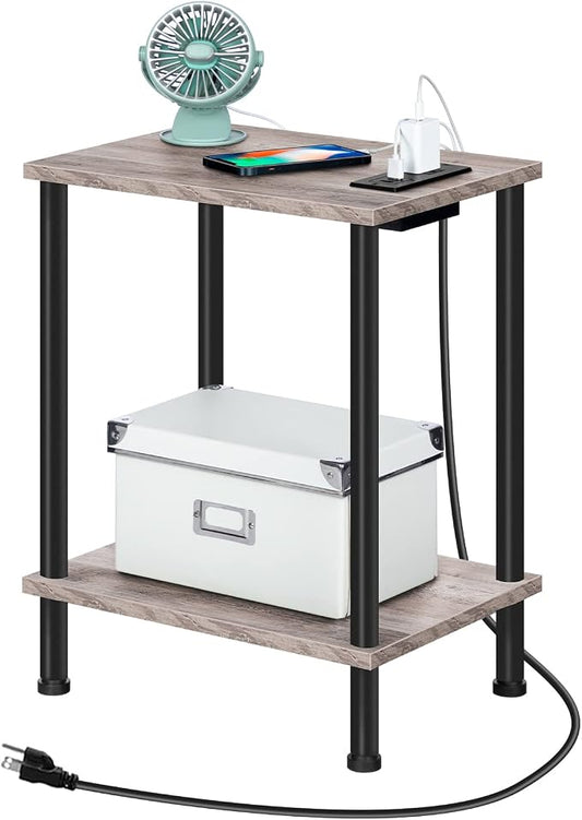 HOOBRO Side Table with Charging Station, End Table with USB Ports and Outlet, Nightstand with 2-Layer Storage Shelves for Small Spaces, Living Room, Bedroom, Stable Frame, Greige and Black BG09UBZ01
