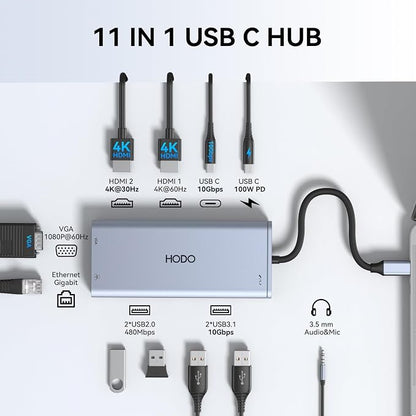 USB C Docking Station Dual Monitor for Dell HP, Laptop Docking Station 3 Monitors USB C Hub Dock to 2 HDMI 4K, VGA,Ethernet,10Gbps USB A/C Port, 100W PD Port, Audio, Type C Adapter 11 in 1 for Lenovo