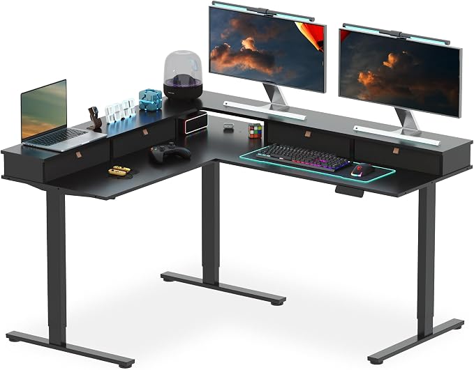 SANODESK 63" L Shaped Standing Desk with 3 Drawers, Height Adjustable Stand up Desk, Corner Gaming Desk with Monitor Stand, Black Frame/Black Top