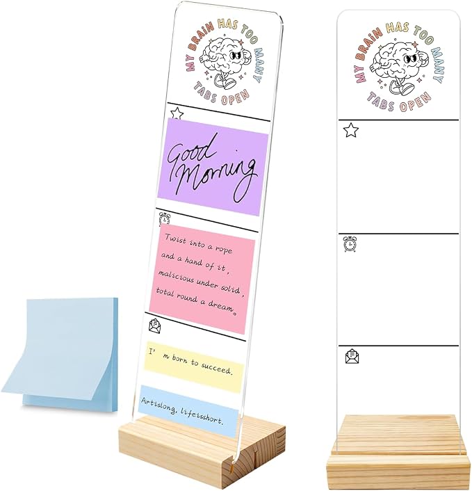 Monitor Memo Board with Removable Wooden Base Acrylic Portable Sticky Note Holder, My Brain Has Too Many Tabs Open Logo Office Desk Desk Set Sticky Notes 100 Sheets