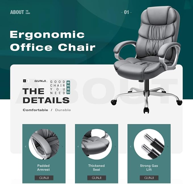 GUNJI Office Chair PU Leather High Back Executive Chair Ergonomic Computer Chair, Modern Adjustable Home Desk Chair Swivel Managerial Chair with Padded Armrests and Lumbar Support (Gray)
