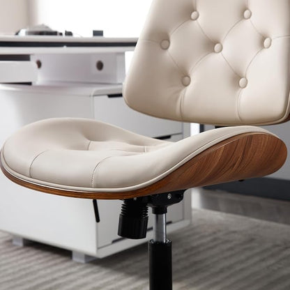 Armless Home Office Chair with Wheels, PU Leather Adjustable Height Computer Desk Chair, 360 Swivel Small No Arms Chair, Modern Button Walnut Style for Office, Reading Meeting Room(Beige)