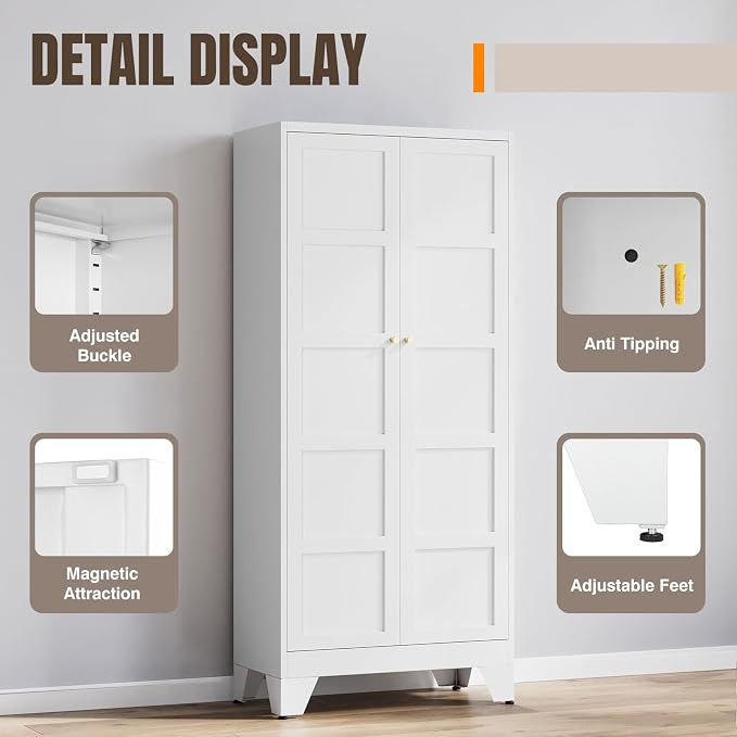 Yizosh Metal Storage Cabinet with 2 Doors and 4 Adjustable Shelves,- 71" White Kitchen Pantry Storage Cabinet for Kitchen,Dining Room,Living Room