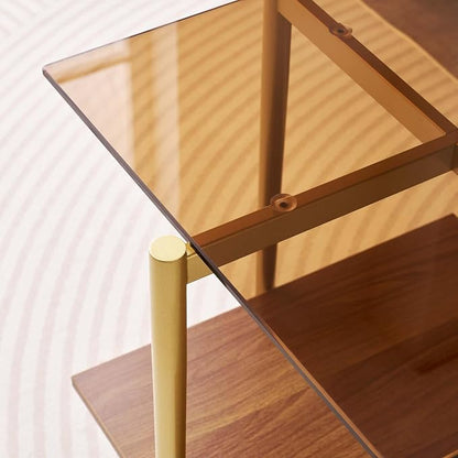 LumFurn Glass End Table, Mid-Century Modern Design Sofa Table, L18 x W18 x H23, for Living Room, 2-Tier Structure, Amber Glass Top and Walnut MDF Shelf, Sleek Conical Metal Legs with Gold Finish Frame