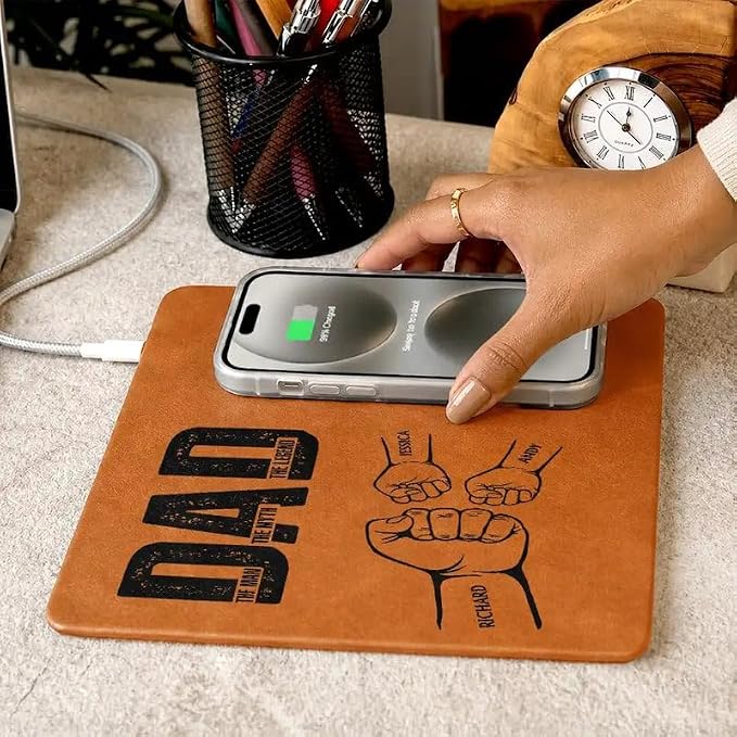 Personalized Leather Charging Mat, Dad The Man The Myth The Legend Hand Punch, Wireless Charging Desk Mat, Custom Dad Gift from Kids, Fathers Day Gift for Dad, Papa, Grandpa, Daddy 4
