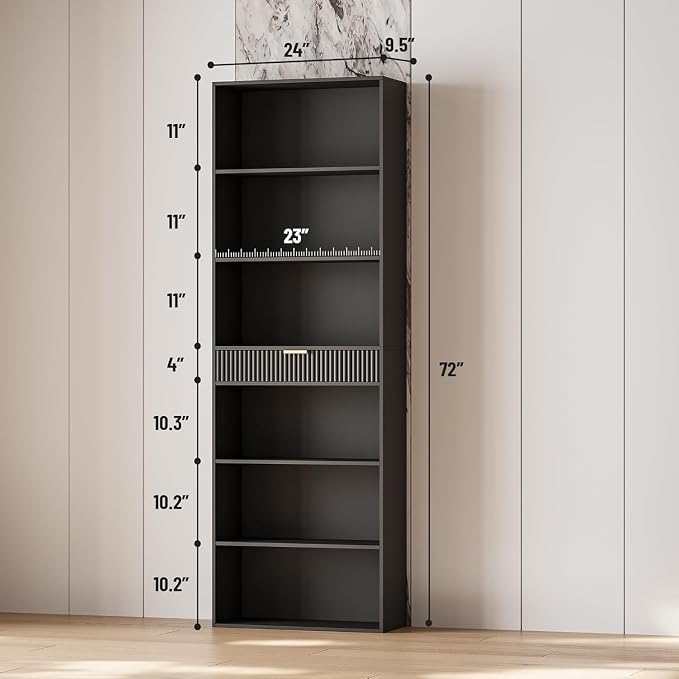 INNOD Multifunctional 7-Shelf Storage Bookcase, 72" Tall Wood Bookshelf with Drawer & Anti-Tip Kit, Display Organizer for Home Office, Living Room, Bedroom Furniture