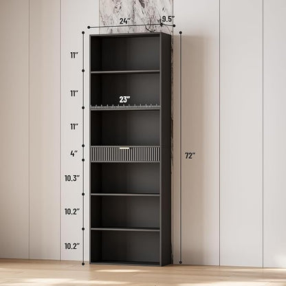 INNOD Multifunctional 7-Shelf Storage Bookcase, 72" Tall Wood Bookshelf with Drawer & Anti-Tip Kit, Display Organizer for Home Office, Living Room, Bedroom Furniture