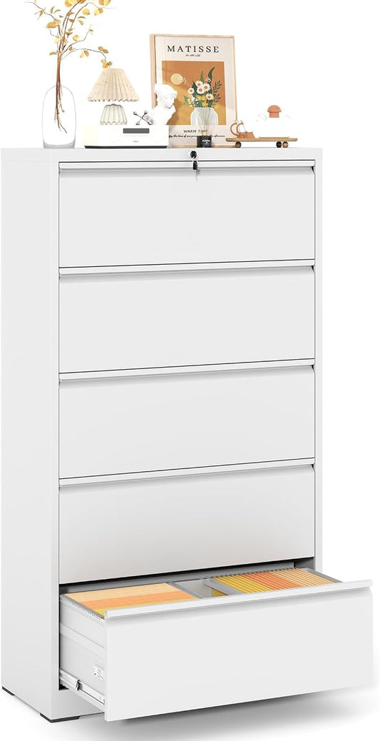 5 Drawer File Cabinet,Metal Lateral Filing Cabinet with Lock,Home Office Storage Organizer Cabinet for Legal/Letter/A4/F4 Size Files,35.5" W,White