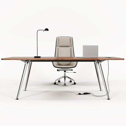 60-Inch Executive Desk, Modern Desk for Home Office, Wooden Study Writing Work Table with Power Outlets and USB-C Port, Large Legroom, Sturdy Metal Frame, Mid-Century Modern Simple, Walnut Brown