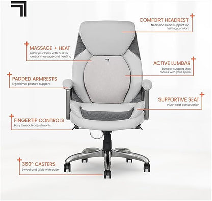 Sharper Image S600 Active Lumbar Ergonomic Bonded Leather Swivel Executive Massage Chair, White/Gray