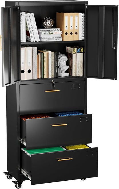 METAN Metal Storage Cabinet with 3 Drawers and 2 Doors, Lockable Rolling File Organizer on Wheels for Home Office, for Letter/Legal Size,Black, Assembly Required