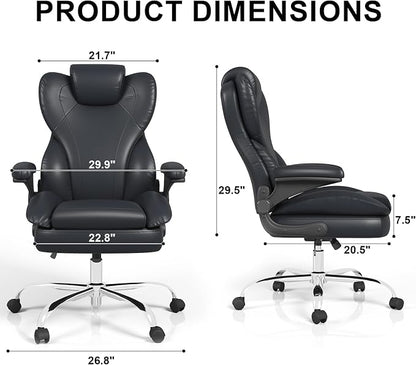 Office Chair, Home Desk Chair, Ergonomic Computer Chair with Lumbar Support, Executive Leather Chair with Flip-Up Armrests, Big and Tall Swivel Rolling Chair, PU Leather, Black