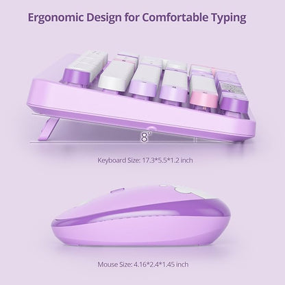GTSP Typewriter Purple Keyboard and Mouse Wireless, Cute Keyboard 2.4G Office Full-Size Retro with Round Keycaps for Laptop PC Desktops（Purple）