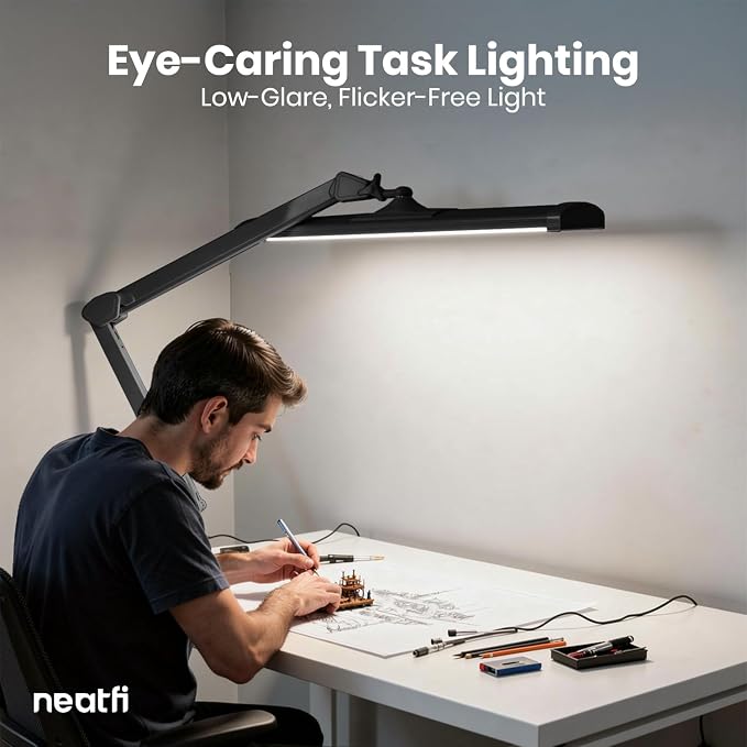 Neatfi Ultra 3,500 Lumens LED Desk Lamp with Clamp – 45W, 270 SMD LEDs, Shadow-Free | Adjustable Brightness | Task Light for Nail, Craft & Office (Black, 26-Inch Wide Shade)