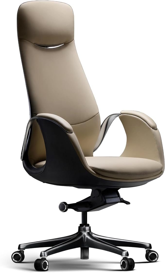 TOMU Genuine Top Grain Leather Office Chair Cream, Ergonomic Executive Chair High Back for Long Hours,Big and Tall Luxury Office Chair with Wheels, Aluminum Base and Armrest (Cream)