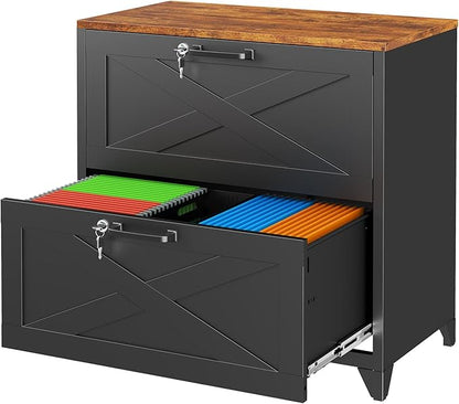 2-Drawer Farmhouse File Cabinet with Lock, Lateral Filing Cabinet for Letter/Legal/A4 Size, Wood File Storage Cabinets Printer Stand with Large Storage for Home Office School, Black