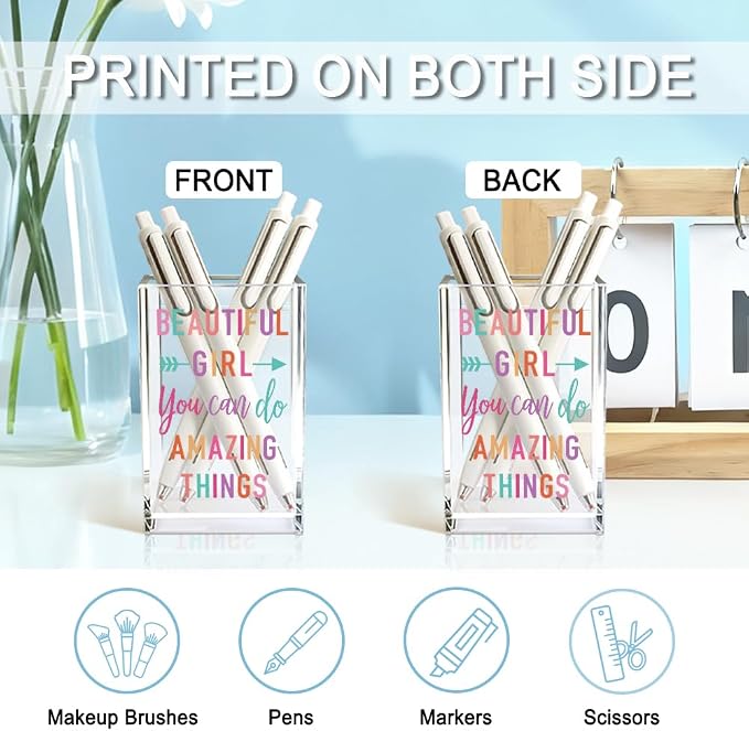 Beautiful Girl You Can Do Amazing Things Acrylic Cosmetic Holder, Inspirational Makeup Brush Holder Gifts, Encouragement Gifts for Teens Women, Bathroom Vanity Storage for Makeup Brushes