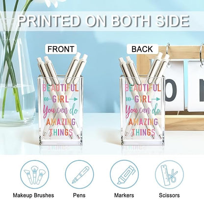 Beautiful Girl You Can Do Amazing Things Acrylic Cosmetic Holder, Inspirational Makeup Brush Holder Gifts, Encouragement Gifts for Teens Women, Bathroom Vanity Storage for Makeup Brushes
