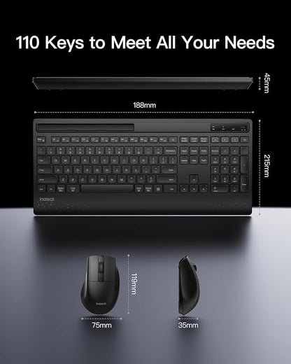 Inateck Wireless Keyboard and Mouse Combo, Full-Size Keyboard with Wrist Rest, Phone Holder, 2.4 GHz Wireless/Bluetooth Silent, Compatible with Computer, Laptop, PC, Mac, Windows
