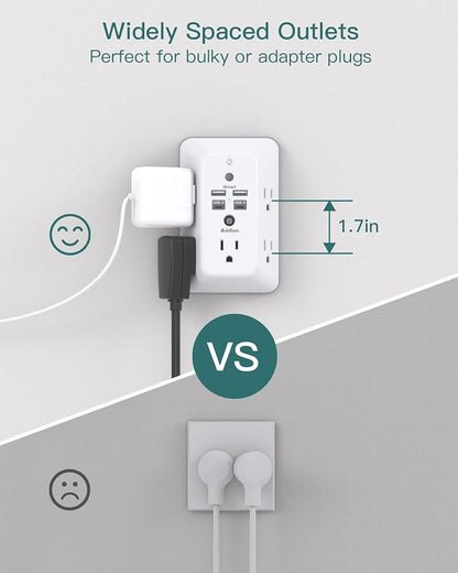 Addtam Surge Protector Outlet Extender, Plug Extension Outlet with Night Light, 5-Outlet Splitter and 4 USB Ports(2 USB C), Multi Plug Wall Outlet for Home Office Dorm Room Essentials