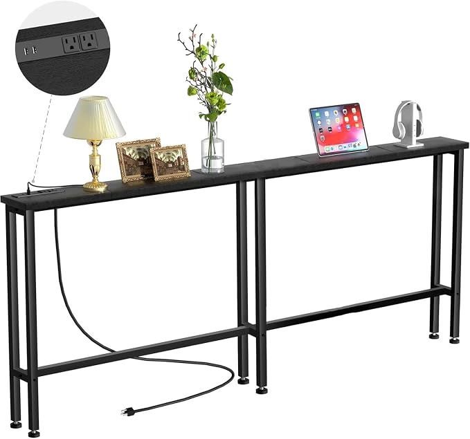 Keelian 78" Narrow Console Sofa Table with Power Outlets & 2 USB Ports, Metal Frame, Black, Perfect for Hallway, Office, and Behind Sofa - Easy Assembly, 4.9' Extension Cord Included