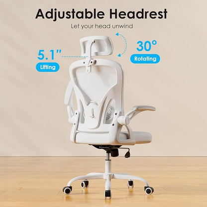 Farini Ergonomic Office Chair, Home Office Desk Chair with Headrest, High Back Swivel Computer Chair with Armrests and Adjustable Lumbar Support for Home Office Study Room, White & White