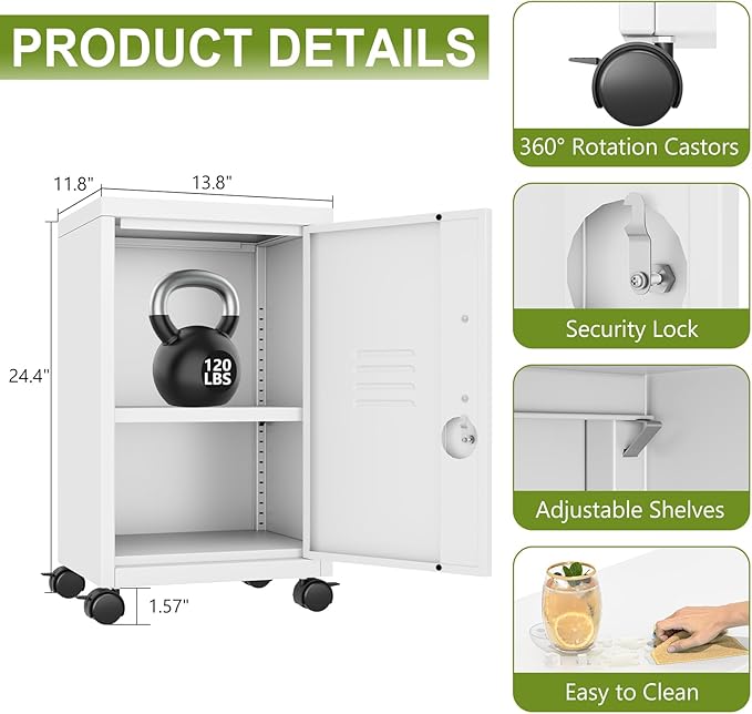 pozdeg 24.4" H Metal Storage Locker with Wheels, Single Door Lockable Steel File Cabinet with Adjustable Shelf, Anti-Theft Locker for Home, Office, School, Gym Organizer, White