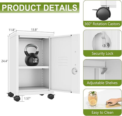 pozdeg 24.4" H Metal Storage Locker with Wheels, Single Door Lockable Steel File Cabinet with Adjustable Shelf, Anti-Theft Locker for Home, Office, School, Gym Organizer, White