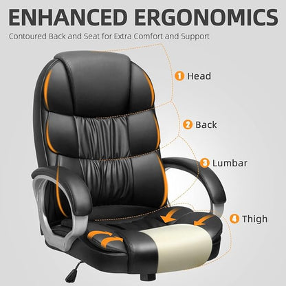 Furmax Leather High Back Office Chair Ergonomic Executive Office Chair Swivel Computer Desk Chair Lumbar Support Soft Cushioned Padded Arms (Ink Black)