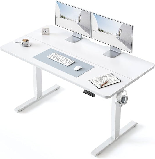 BANTI 55 × 24 Inches Standing Desk, Ergonomic, Electric Height Adjustable, Sit and Stand Up, Computer Office Desk with Splice Board, White Frame/White Top