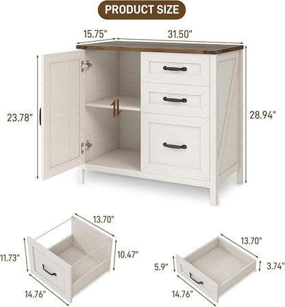 Halitaa Lateral File Cabinet with 3 Drawers, Farmhouse File Cabinet for Letter/A4 Size Hanging Files, Large Wood File Storage Cabinets Printer Stand for Home Office Furniture, Rustic White
