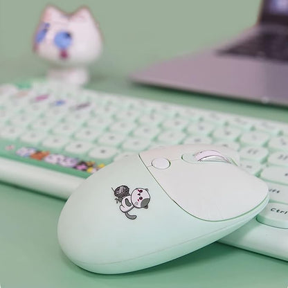 Cute Cat 2.4G USB Wireless Keyboard and Mouse Combo, Silent Keys, Candy Colors, Compatible with Notebook, PC (Green-110Keys)