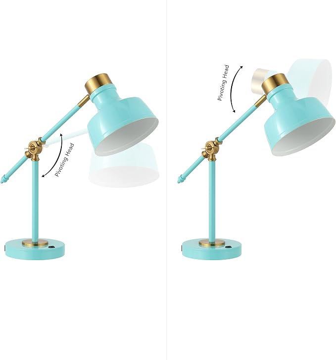 JONATHAN Y 18.5" Cyan/Brass Gold Adjustable Cantilever LED Task Lamp with USB Charging Port, Vintage Farmhouse Desk Lamp for Home Office Reading, Metal Shade (JYL7124C)
