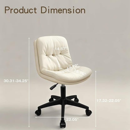 Small Office Desk Chair, PU Leather Armless Swivel Chair with Lumbar Pillow, Height Adjustable Task Chair for Small Spaces, Bedroom & Vanity Beige