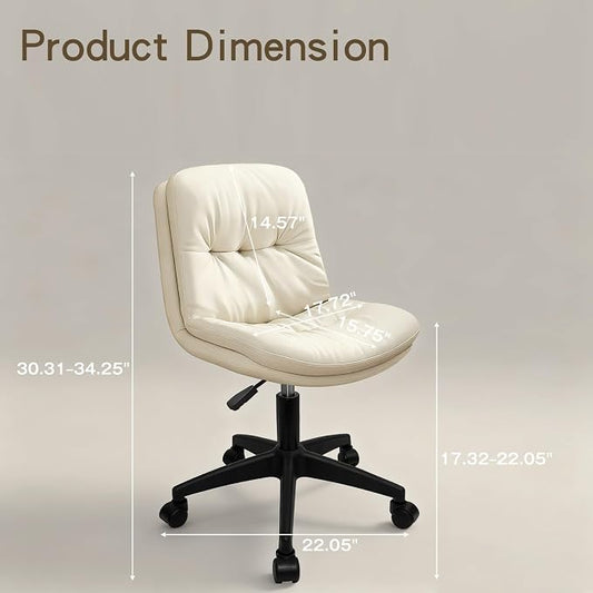 Small Office Desk Chair, PU Leather Armless Swivel Chair with Lumbar Pillow, Height Adjustable Task Chair for Small Spaces, Bedroom & Vanity Beige