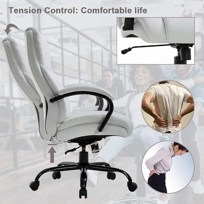 Office Chair 500lbs Wide Seat Ergonomic Desk Chair PU Leather Computer Chair Task High Back Executive Chair with Lumbar Support Armrest Adjustable Chair for Heavy People, White