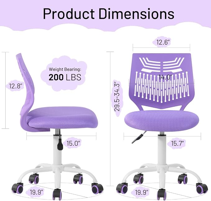 FurnitureR Study Desk Chair Armless, Small Home Office Study Task Chair Adjustable Swivel Low Back with Rolling Wheels for Kids Children Teens Women, Orchid Purple