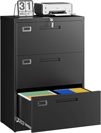 Letaya 3 Drawer File Cabinets with Lock,Metal Lateral Filing Storage Cabinet Printer Stand,Black Steel Home Office Cabinet for Hanging Files Letter/Legal/A4 Size (Black, H39.84×W28.35×D15.74)