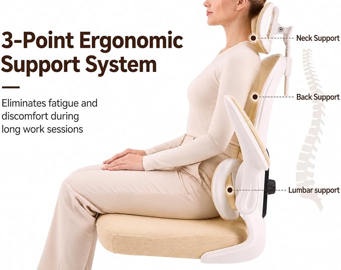 Ergonomic Office Chair with Adjustable Headrest & Lumbar Support, High Back Mesh Desk Chair, 330 LBS Capacity Swivel Computer Chair with Flip-Up Arms, Home Office Gaming Chair (Beige)