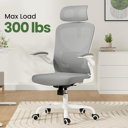 Soohow Office Chair, Ergonomic Office Mesh Desk Chair with Adjustable Back Support, High Back Comfy Computer Swivel Chair with Headrest, Lumbar Support for Study Room, Gaming and Office, White & Grey