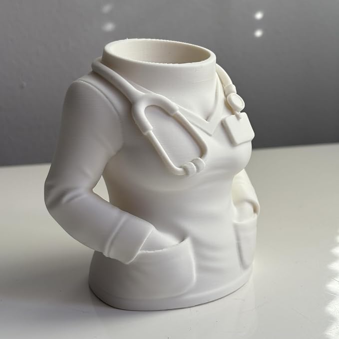 3D Printed Doctor Coat Pen Holder - Realistic Medical Desk Organizer with Stethoscope, White Doctor Sculpture Pen Cup for Office, Nurse, Medical Student Gift 4.1" x 2.5" x 3.9" (Female Doctor Style)