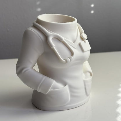 3D Printed Doctor Coat Pen Holder - Realistic Medical Desk Organizer with Stethoscope, White Doctor Sculpture Pen Cup for Office, Nurse, Medical Student Gift 4.1" x 2.5" x 3.9" (Female Doctor Style)