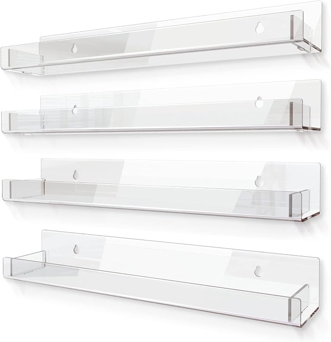 4 Pack 15 Inch Clear Acrylic Shelves, Clear Kids Floating Bookshelf for Kids Room, Modern Nail Polish Rack Sunglasses Essential Oil Picture Ledge Display Toy Storage Wall Shelf