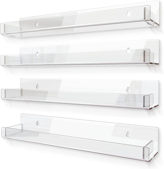4 Pack 15 Inch Clear Acrylic Shelves, Clear Kids Floating Bookshelf for Kids Room, Modern Nail Polish Rack Sunglasses Essential Oil Picture Ledge Display Toy Storage Wall Shelf