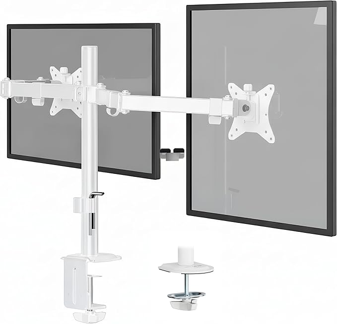 Mount-It Dual Monitor Arm for Desk, Full Motion Steel Mount 17-32 Inch | Holds up to 19.8 lbs per Arm, VESA 75x75 100x100, C-Clamp and Grommet Base, Cable Management, Height Adjustable, White
